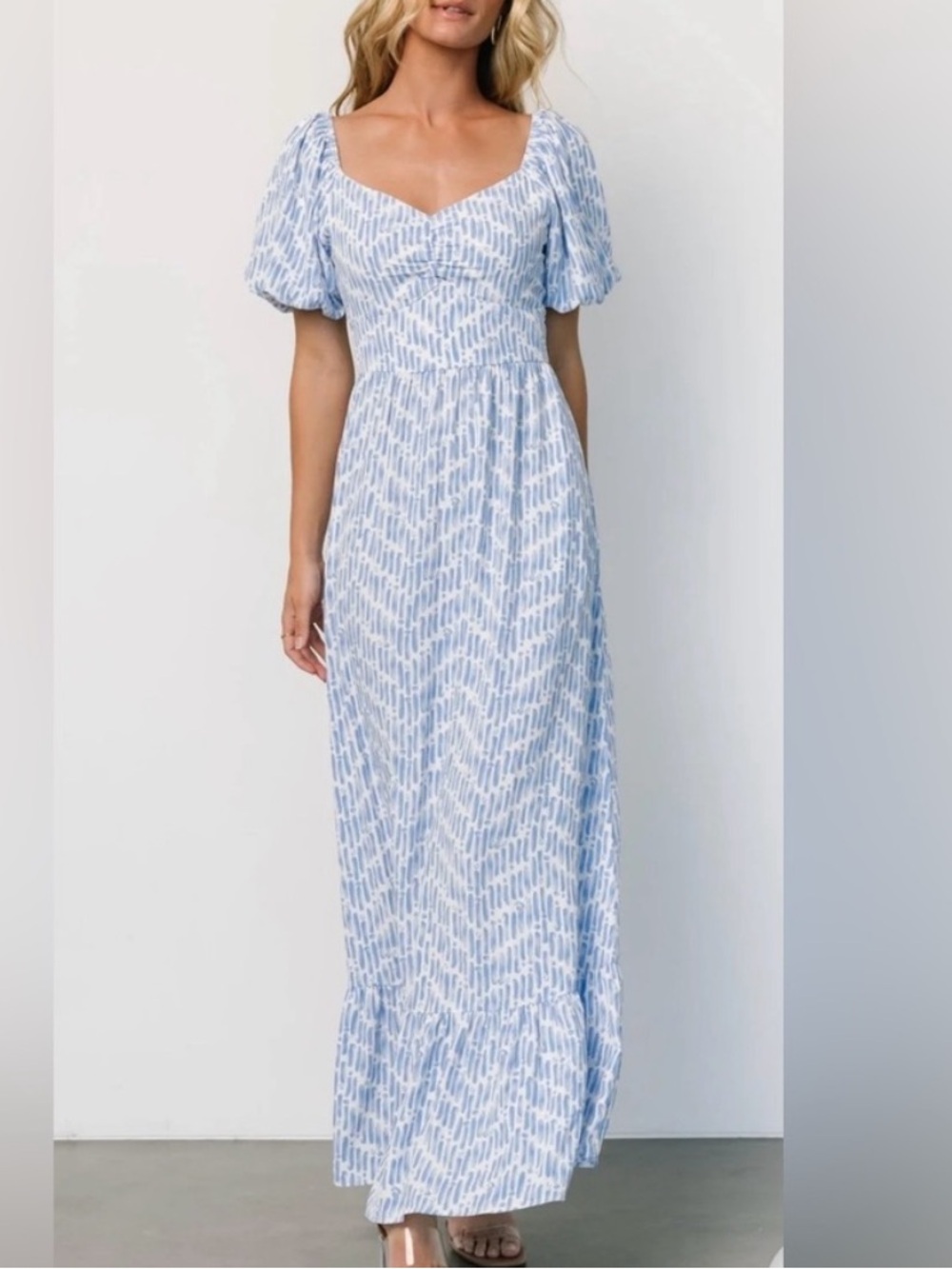 Baltic Born Durban Maxi Dress Dusty Blue Coastal Summer Puff Sleeve Size Small